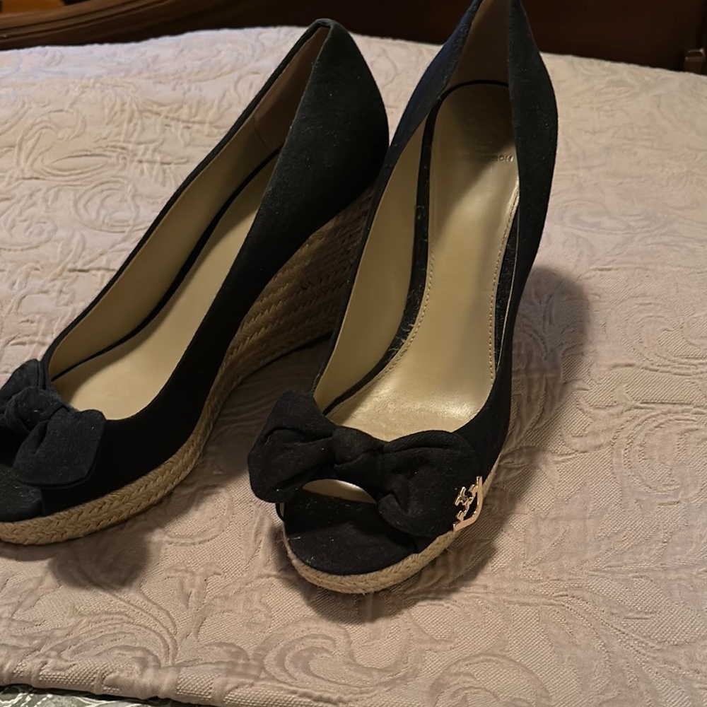 Tory Burch Black Wedge Peep-Toe Shoes